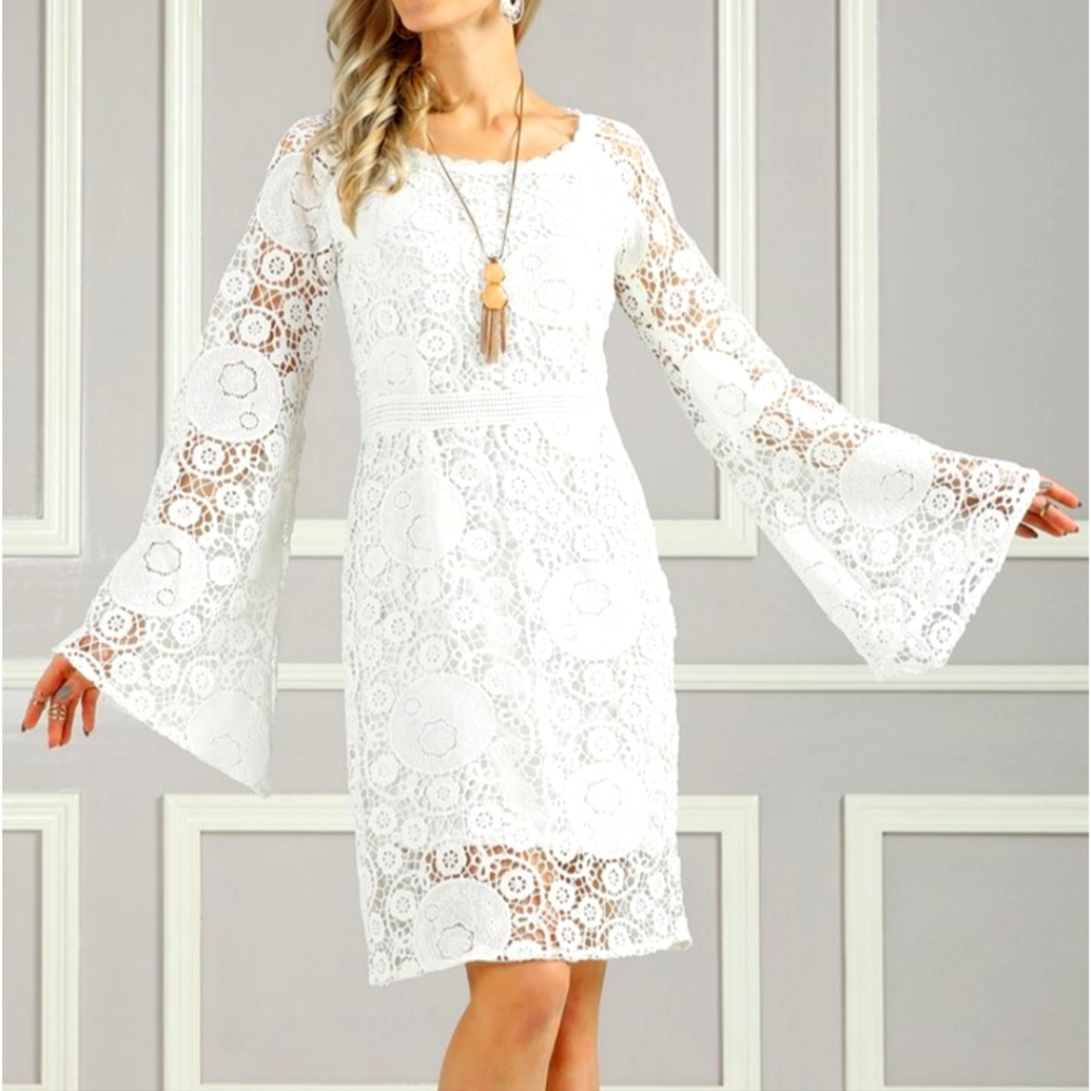 Ivory Lace Bell Sleeve Sheath Dress